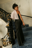 Sexy pretty woman wearing CharmaineLouise Intimates CLIntimates Ginger purple silk crochet cape capelet strapless black dress