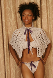 Sexy pretty woman wearing CharmaineLouise Intimates CLIntimates Ginger purple cashmere silk crochet cape capelet purple crochet strapless bra purple crochet string bikini panties