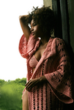 Sexy pretty woman wearing CharmaineLouise Intimates CLIntimates Diana pink cashmere crochet kimono robe crochet demi-cup bra string bikini panties